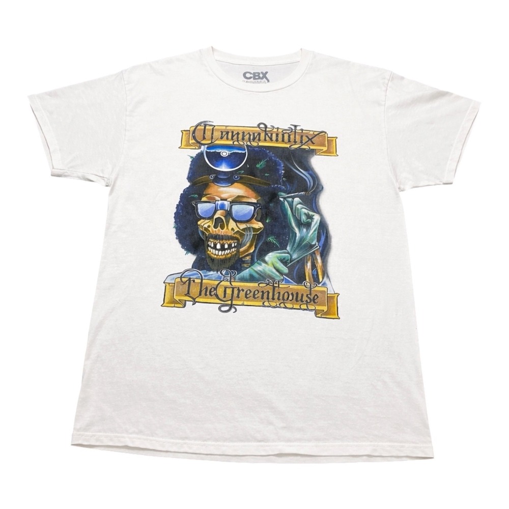 CBX Cannabiotix The Greenhouse White Graphic T Shirt Mens Skull Afro Size Large